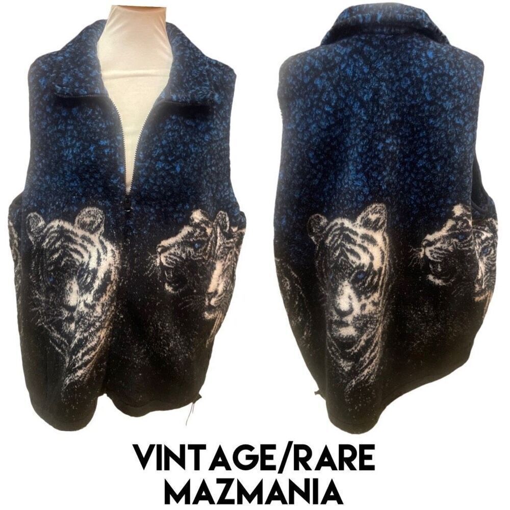 Mazmania Fleece Super RARE Vintage 90’s Blue Eyed Tiger Vest w/ Pockets Size X-L